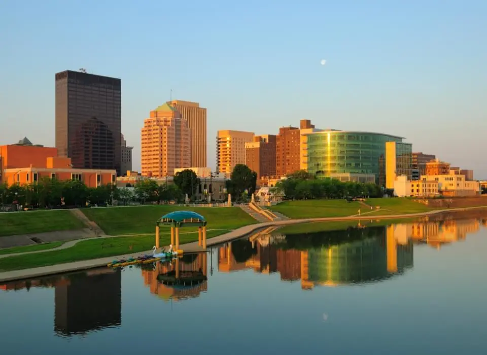 Dayton Ohio Skyline In Evening Sunset