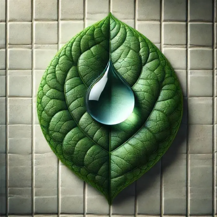 a drop of water is balanced on a green leaf lying on a tile surface